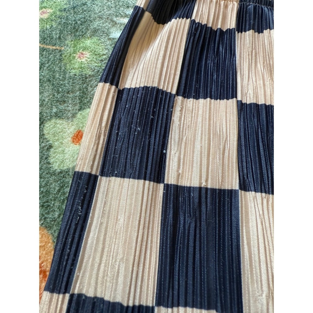 Silence + Noise Checkered Plisse Wide Leg Pants Navy Tan Small Elastic Waist - Picture 9 of 14